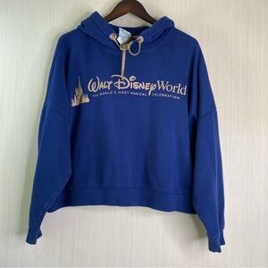 Walt Disney World Women's 50th Anniversary Cropped Hoodie Gold Foil Logo Blue 1X
